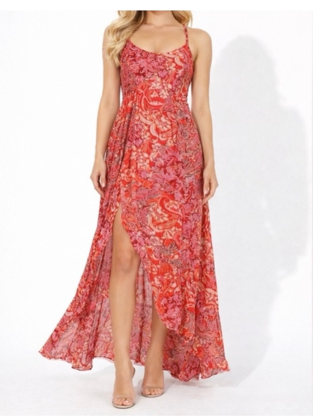 Free People Red & Pink Floral High-Low Maxi Dress